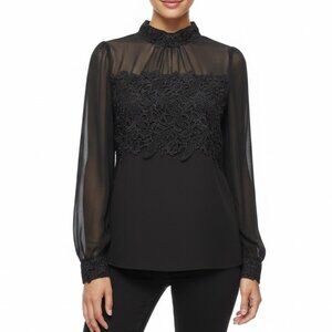 Double Zero Women's Black Lace Sheer Mock Neck Blouse Top Style Size Small